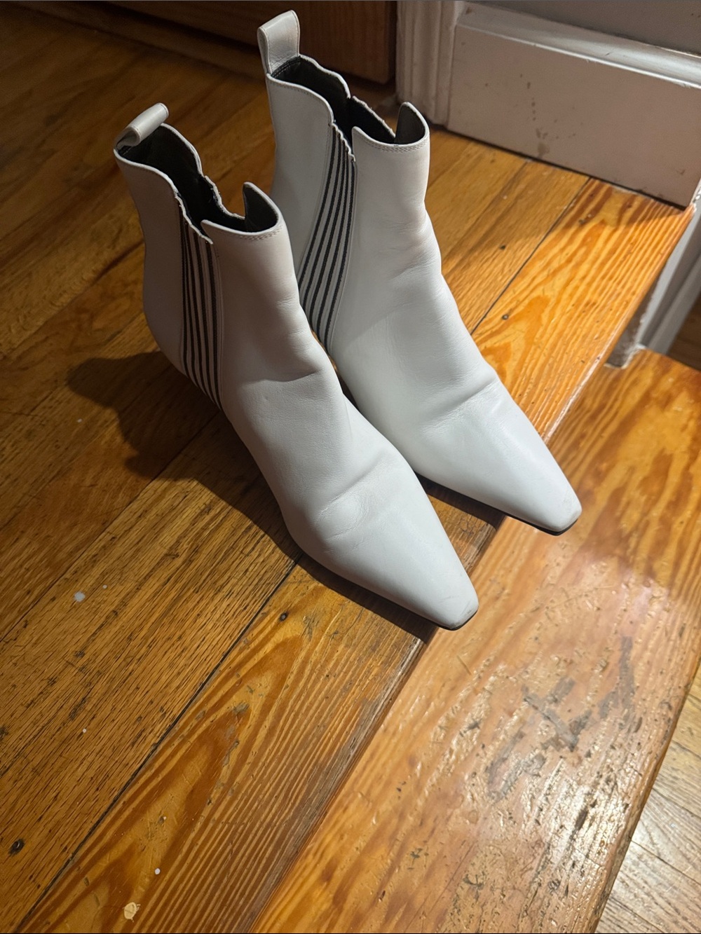Brunello Cucinelli White Pointed Toe Ankle Booties with Black Elastic Panels